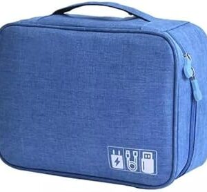 Estojo Necessaire Organizador de Cabos e Acessórios Eletrônicos Portátil Grande Nylon Impermeável Azul Claro