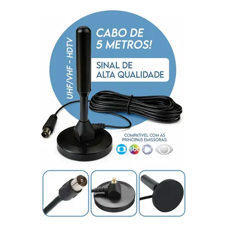 Antena Tv Digital Interna Externa Uhf Vhf Em Alumínio Com Base Magnética Cabo 5m Alta Definição Para Antena Tv Digital Interna Externa Uhf Vhf Em Alumínio Com Base Magnética Cabo 5m Alta Definição Para