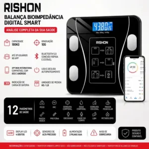 Balana Bioimpedancia Digital 180kg Smart Imc Profissional Rishon Com Aplicativo Preto